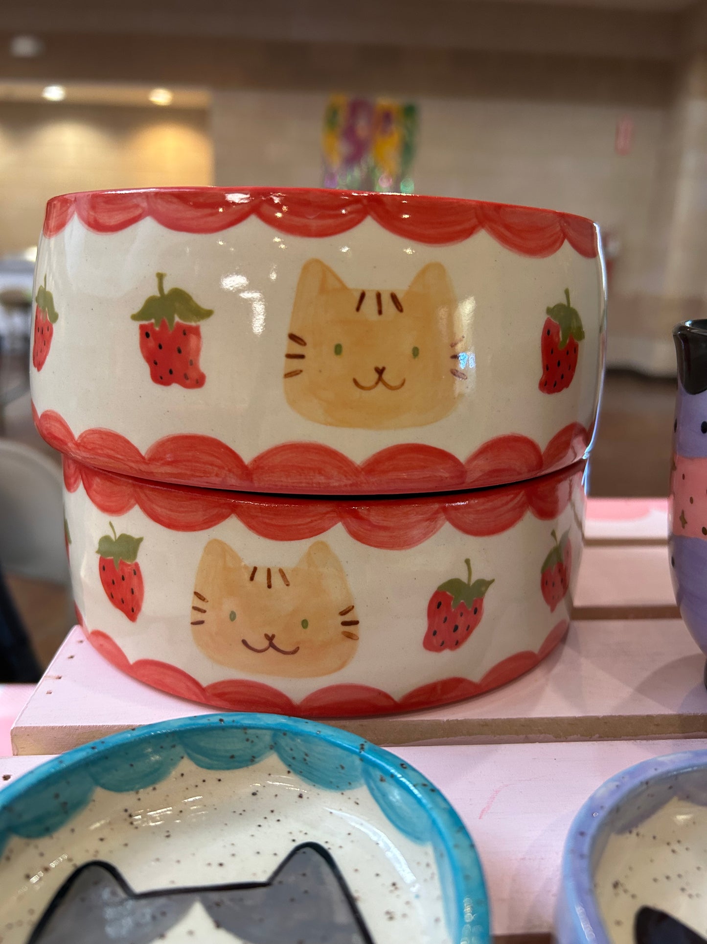 Cat Straight Edged Bowl/Planter - Strawberries