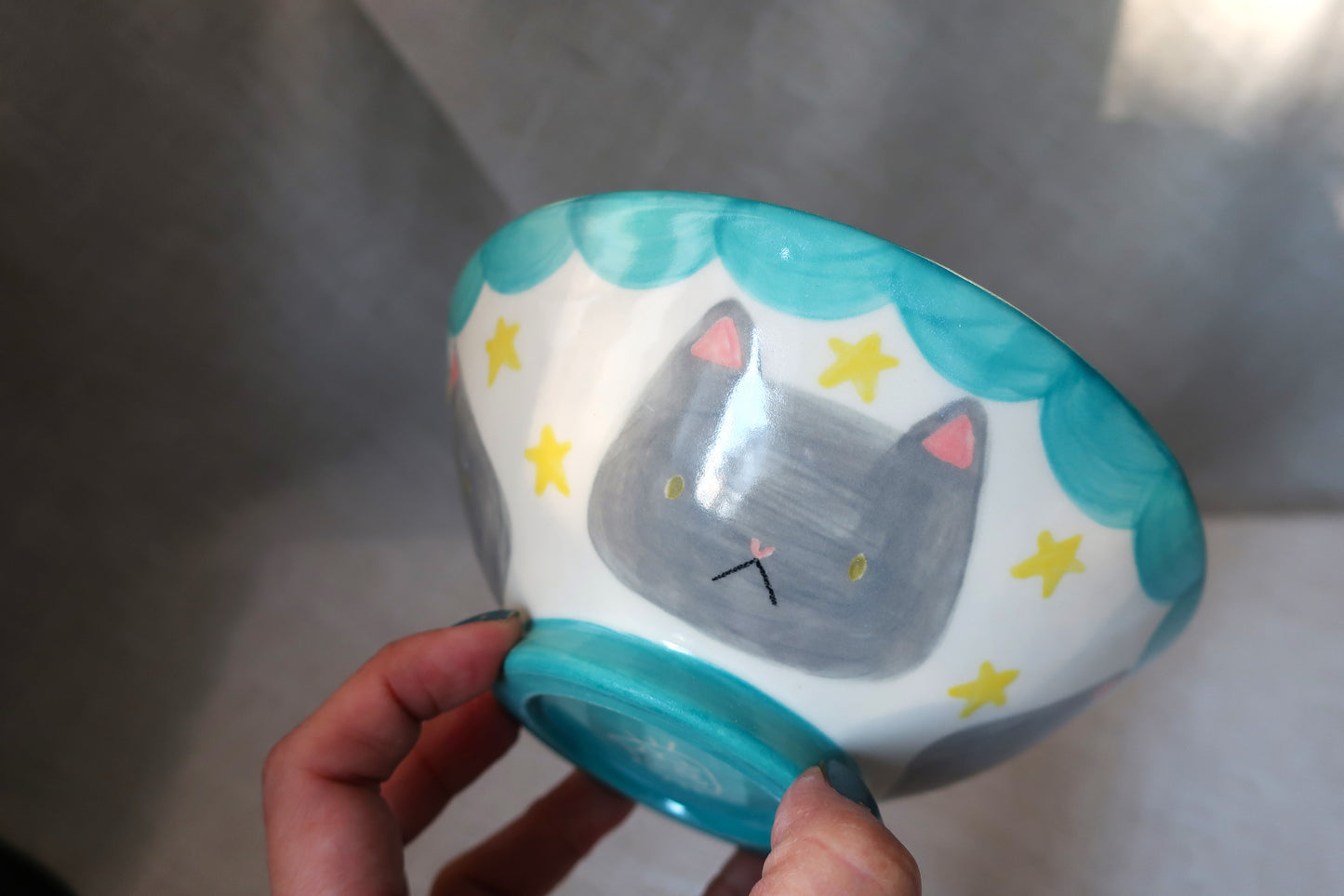 Cat Cereal Bowl- Grey Cat Stars - Turquoise