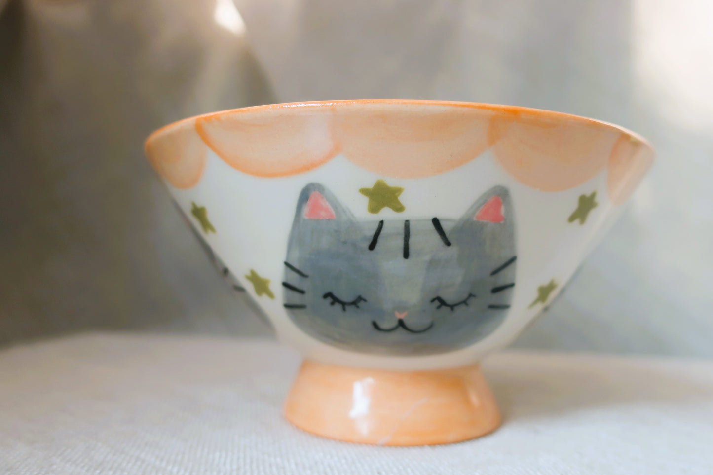 Cat Cereal Bowl- Grey Striped Cat Stars - Melon