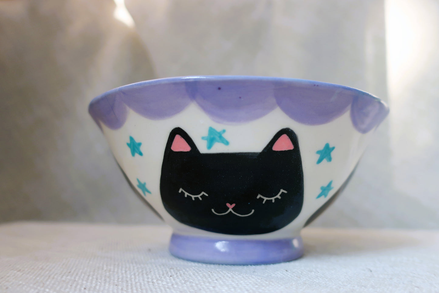 Cat Cereal Bowl- Black Cat Stars - Lavender