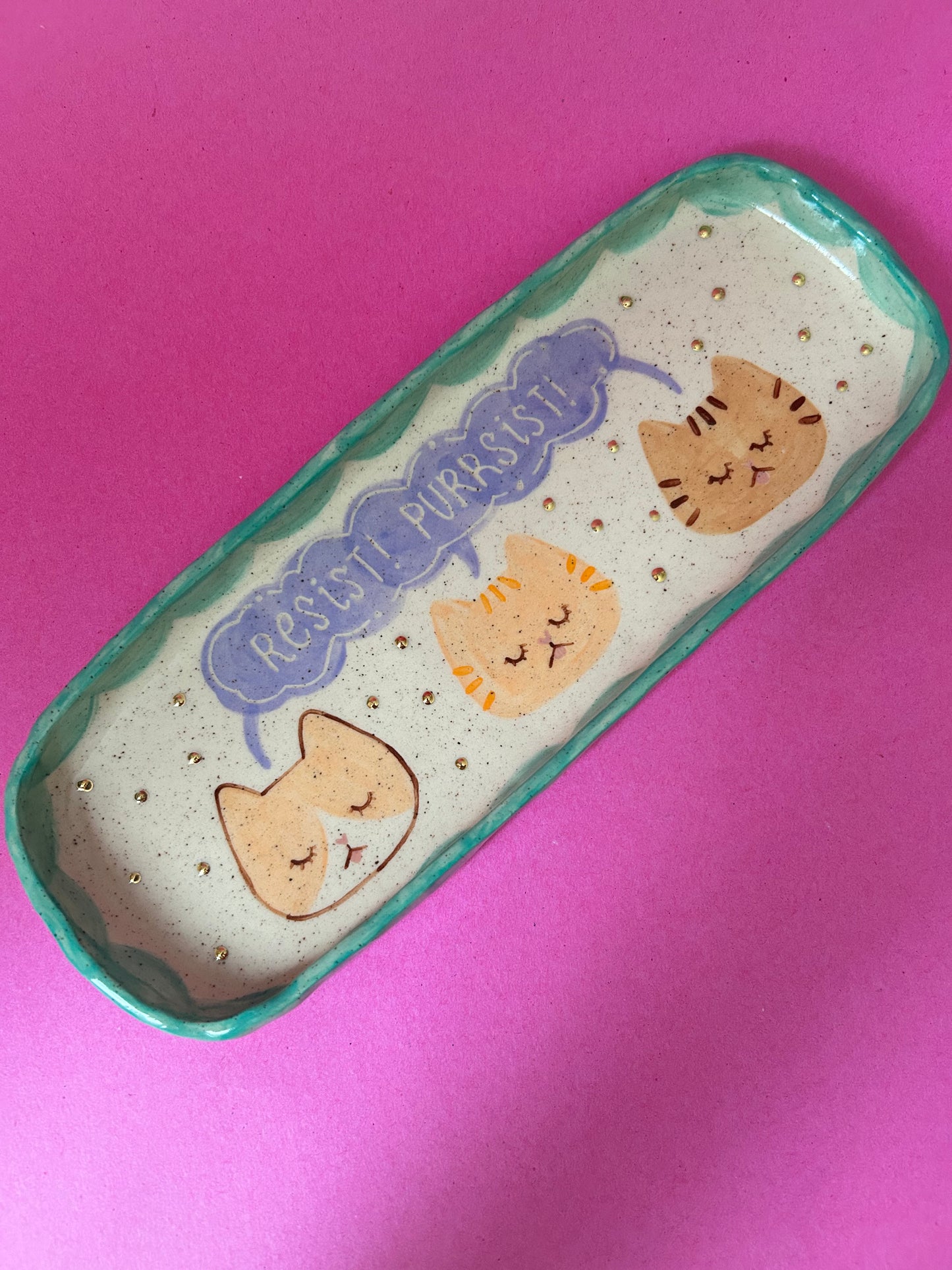 Cat Trinket dish- Resist! Purrsist! Green
