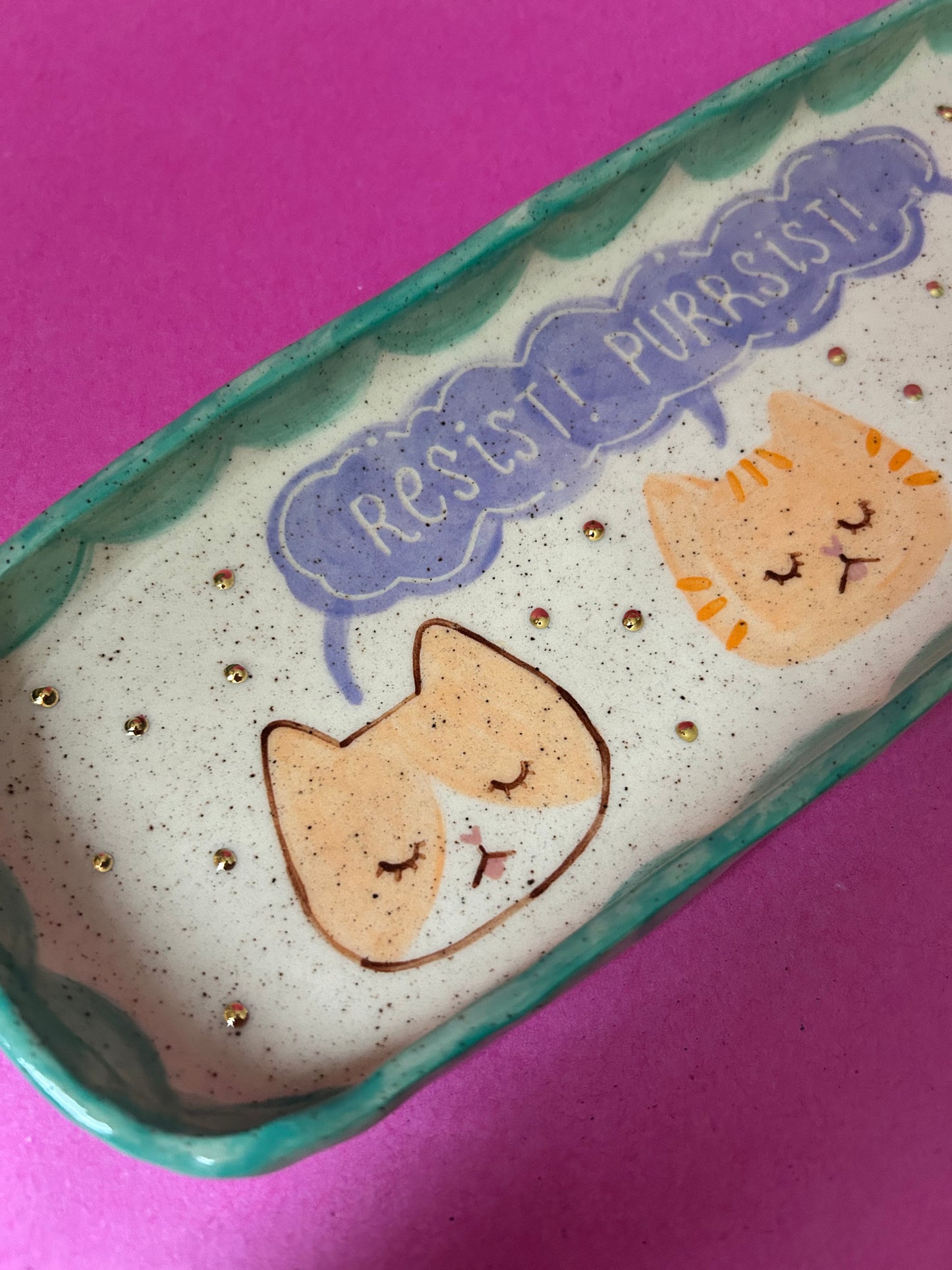 Cat Trinket dish- Resist! Purrsist! Green