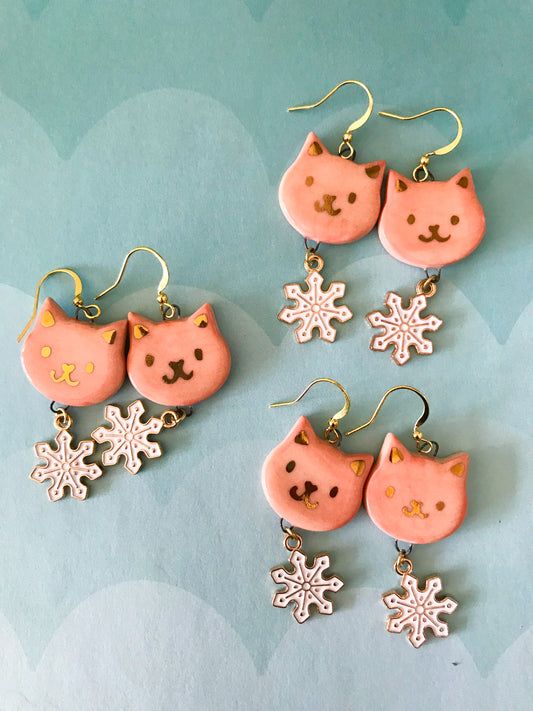 Cat Earrings- snow kittens - pink with snowflake