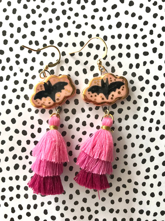 Bat Earrings- Pink with tassels
